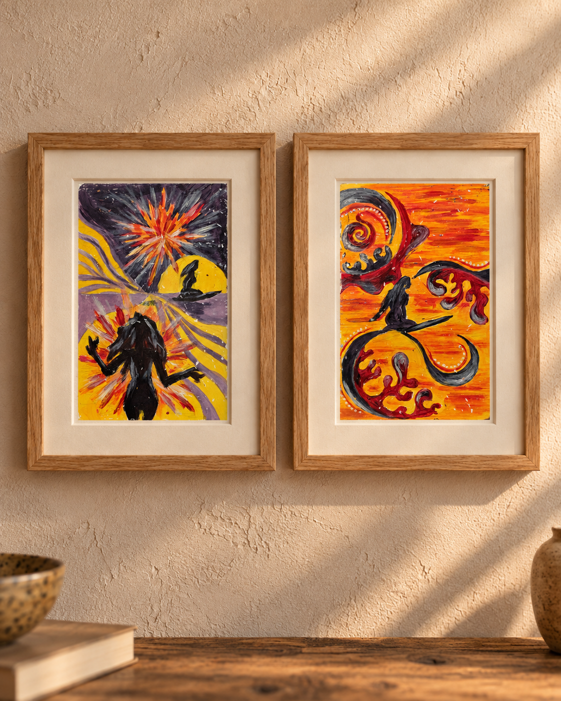 Warm painted figures on paper in the studio